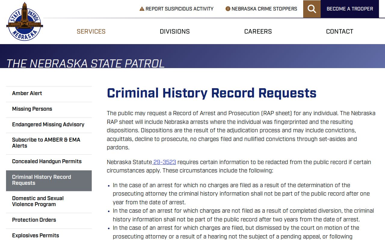 Nebraska State Patrol Platte County criminal history request options
