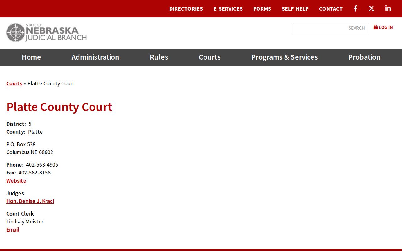 Nebraska Judicial Branch directory for Platte County criminal court case records