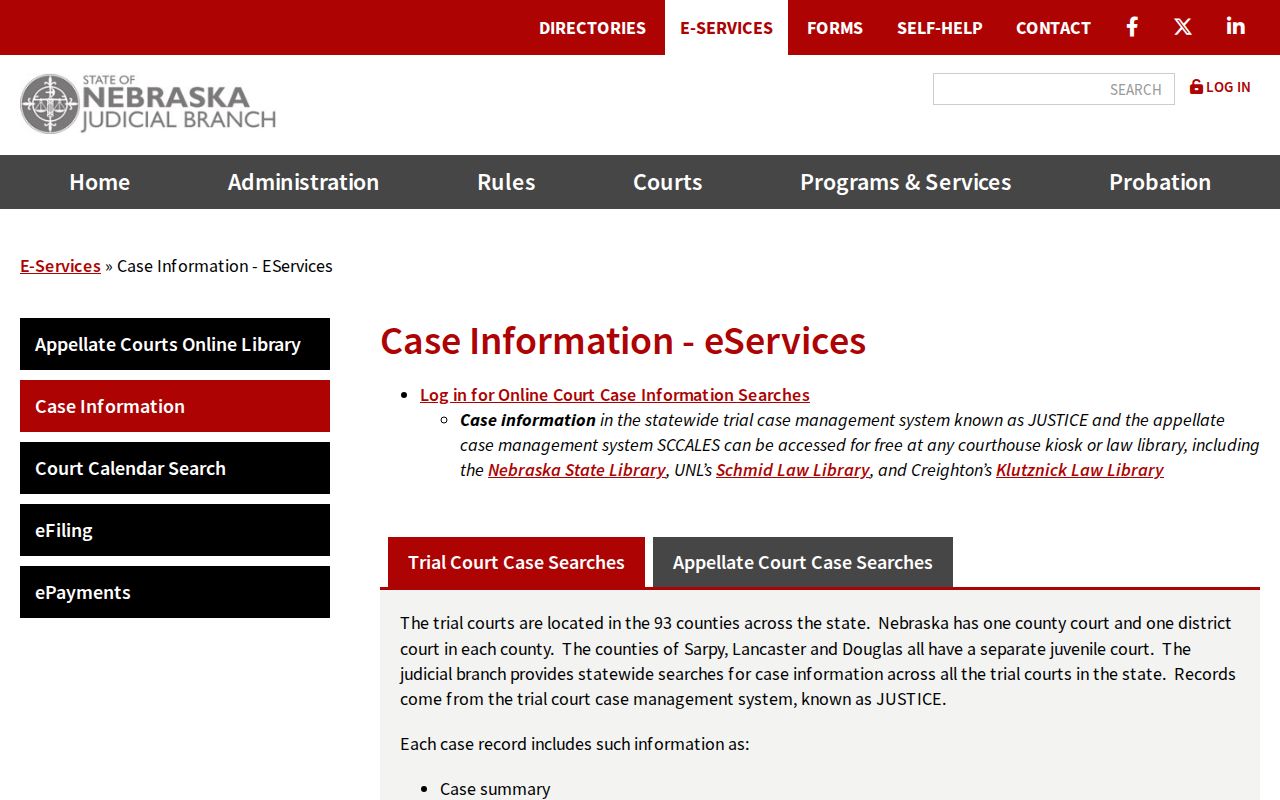JUSTICE search choices and fees for Platte County criminal case records